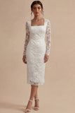 Lace Long Sleeves Floral Midi Bodycon White Boho Engagement Dress