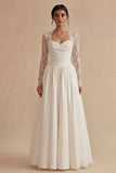 White A Line Elegant Maxi Wedding Dress with Lace Long Sleeves