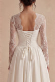 White A Line Elegant Maxi Wedding Dress with Lace Long Sleeves