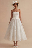 Strapless White Floral A Line Long Boho Wedding Dress