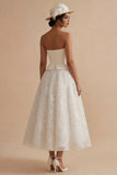 Strapless White Floral A Line Long Boho Wedding Dress