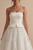 Strapless White Floral A Line Long Boho Wedding Dress