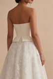 Strapless White Floral A Line Long Boho Wedding Dress