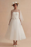 White Tulle A Line Illusion Neck Long Bridal Dress