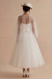 White Tulle A Line Illusion Neck Long Bridal Dress