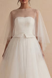 White Tulle A Line Illusion Neck Long Bridal Dress