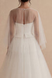White Tulle A Line Illusion Neck Long Bridal Dress