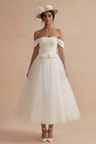 White Off the Shoulder A Line Long Tulle Wedding Dress