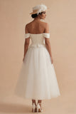 White Off the Shoulder A Line Long Tulle Wedding Dress