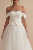 White Off the Shoulder A Line Long Tulle Wedding Dress