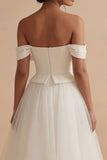 White Off the Shoulder A Line Long Tulle Wedding Dress
