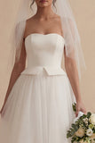 White A Line Strapless Tulle Elegant Long Wedding Dress