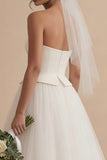White A Line Strapless Tulle Elegant Long Wedding Dress