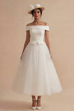 Off the Shoulder White Long A Line Wedding Dress