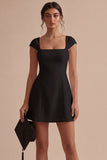 White A Line Square Neck Graduation Dress with Cap Sleeves