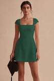 White A Line Square Neck Graduation Dress with Cap Sleeves