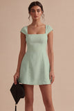 White A Line Square Neck Graduation Dress with Cap Sleeves