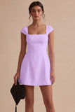 White A Line Square Neck Graduation Dress with Cap Sleeves