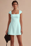 White A Line Square Neck Graduation Dress with Cap Sleeves