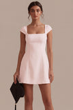 White A Line Square Neck Graduation Dress with Cap Sleeves