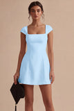 White A Line Square Neck Graduation Dress with Cap Sleeves