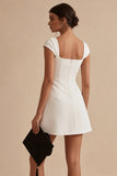 White A Line Square Neck Graduation Dress with Cap Sleeves