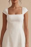 White A Line Square Neck Graduation Dress with Cap Sleeves