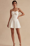 White A Line Spaghetti Straps Short Graduation Dress with Bow