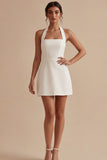 Halter A Line White Satin Graduation Dress