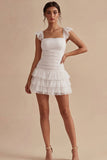 White A Line Ruched Square Neck Short Graduation Dress with Ruffles