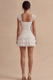 White A Line Ruched Square Neck Short Graduation Dress with Ruffles