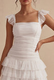 White A Line Ruched Square Neck Short Graduation Dress with Ruffles