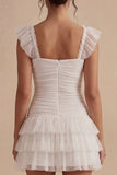 White A Line Ruched Square Neck Short Graduation Dress with Ruffles