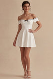 Off the Shoulder White Short A Line Bridal Shower Dress with Bow