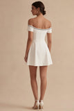 Off the Shoulder White Short A Line Bridal Shower Dress with Bow