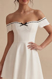 Off the Shoulder White Short A Line Bridal Shower Dress with Bow
