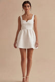 White Satin A Line Wide Straps Short Graduation Dress