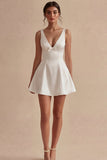 White A Line V-Neck Short Simple Graduation Dress