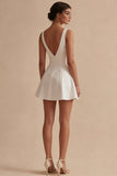 White A Line V-Neck Short Simple Graduation Dress
