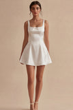 White Satin Square Neck A Line Simple Graduation Dress with Bow