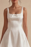 White Satin Square Neck A Line Simple Graduation Dress with Bow