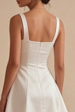 White Satin Square Neck A Line Simple Graduation Dress with Bow