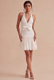 Halter White A Line Bridal Shower Dress with Bow