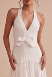 Halter White A Line Bridal Shower Dress with Bow