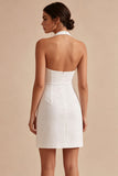 White Halter Bodycon Ruched Graduation Dress