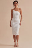 One Shoulder White Bodycon Midi Engagement Dress
