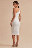 One Shoulder White Bodycon Midi Engagement Dress