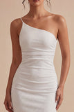 One Shoulder White Bodycon Midi Engagement Dress