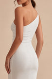One Shoulder White Bodycon Midi Engagement Dress