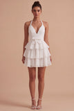 White A Line Halter Tiered Ruffle Graduation Dress with Bow